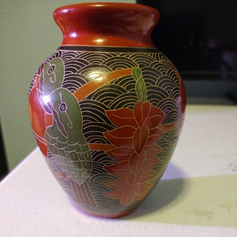 Hand painted ceramic vase. 6 inches. Birds.